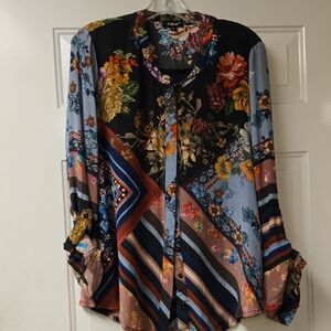 Tolani Black Floral Graphic Long Sleeve Mandarin Collar Silk Blouse